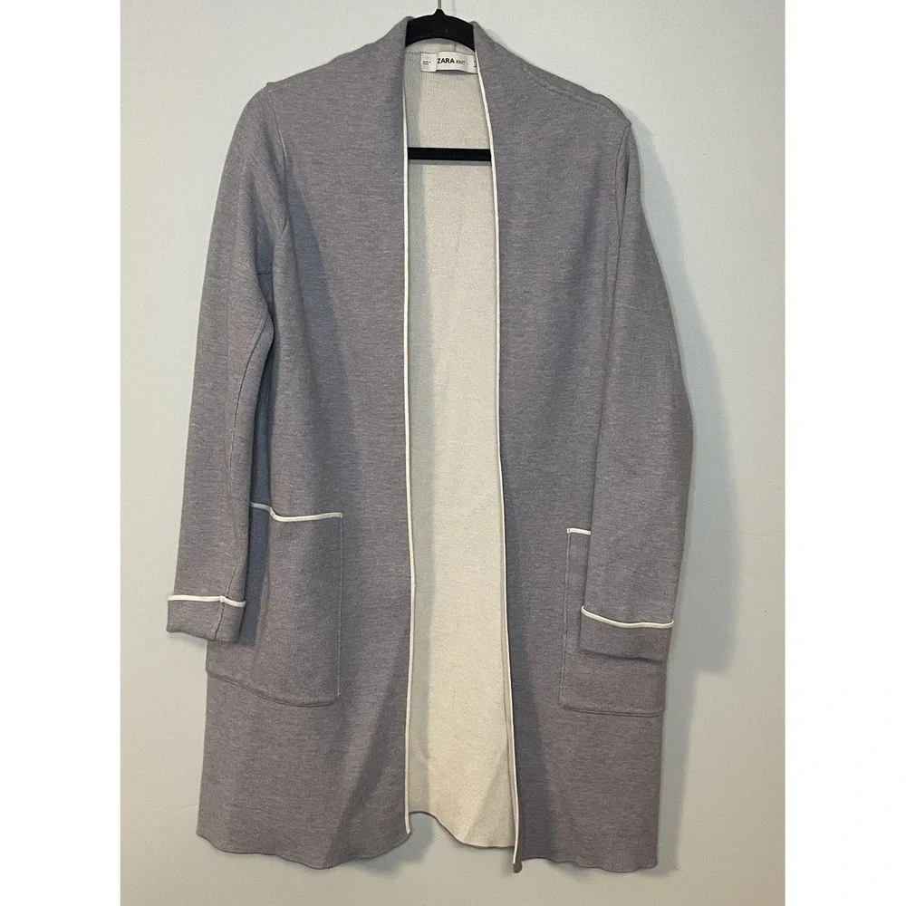 Zara Knit Long Cardigan Size Small Charcoal Gray With Piping Pockets Comfortable